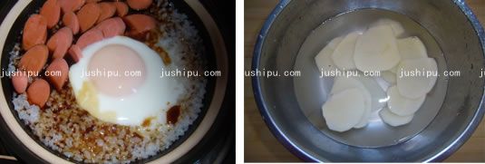 火腿煲仔饭的做法 jushipu.com
